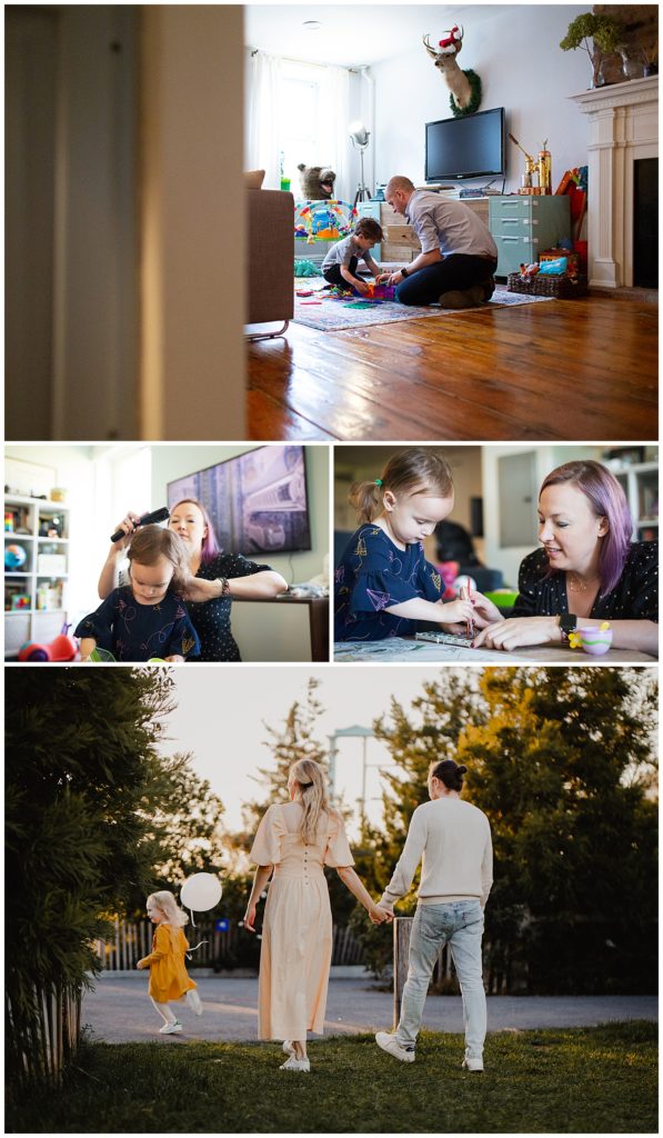 A few snapshots from documentary-style photography sessions. The top photo is a wide shot of a boy and his father playing with toys in the middle of their living room floor. The middle two photos are of a mother brushing her daughter's hair and painting with her. The bottom photo is of a toddler girl running away from her parents with a balloon tied to her wrist.