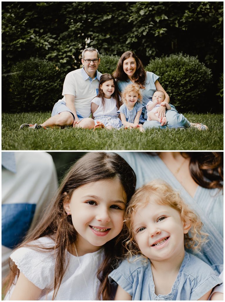 You can still having smiling photos at a lifestyle photography session! The same family from before is pictured in a wide group shot where everyone is looking at the camera and smiling, and the bottom photo is a close up of the two young daughters smiling right to the camera.