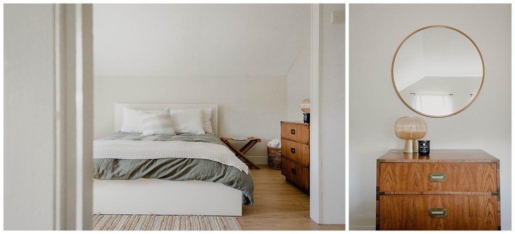 Another bedroom in the Airbnb. This one had green natural linens and mid-century wooden details.