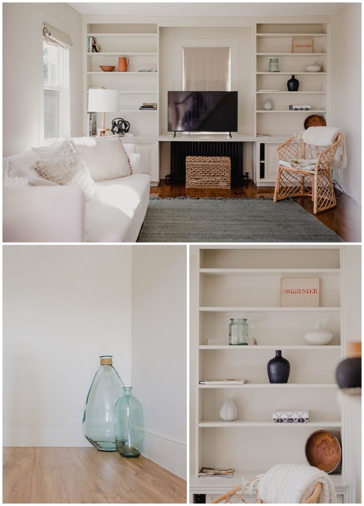 Interior design photography - photos of the cottage's minimalist beach living room and decor.
