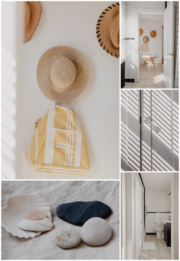 Beachy details around the cottage. The light seeps into the home and makes interesting patterns on the vintage fixtures. A close up of the rocks and shells collected at the beach. Details of the sun hats and beach bags.