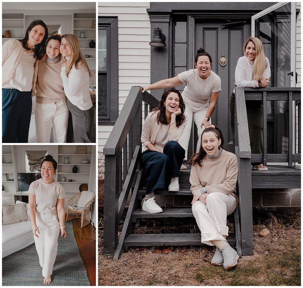 Four best friends (still in all neutral clothing for the full Nancy Meyers look), post inside the beach cottage and outside on the front porch.