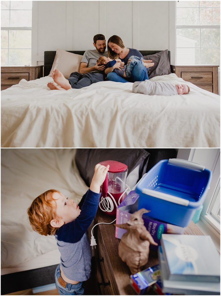 Two photos from an in-home newborn session in New Jersey. The top photo is what you would see on Instagram - a husband and wife are cuddling their toddler while their newborn son sleeps in his swaddle on the bed in the foreground. You can tell that the bedside tables have been cleared. The second photo is closer to reality! The same toddler is piling all of his mom's postpartum supplies onto the bedside table.