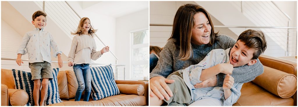 Two photos from an in-home family session in Los Angeles. The photo on the left is of a brother and sister jumping on their brown leather couch. The photo on the right is a few moments later; the mom wraps her arms around her son and tickles him on the same couch.