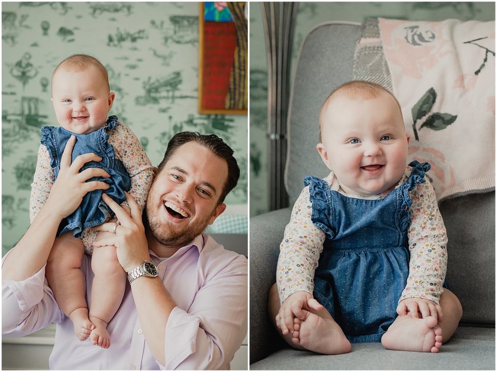 A family photo session with an adorable smiley baby girl in Brooklyn, New York. In one photo she rests on her dad's shoulder, and in another she sits upright by herself on a grey rocking chair. She has the roundest face, chunky cheeks, and big thigh rolls.