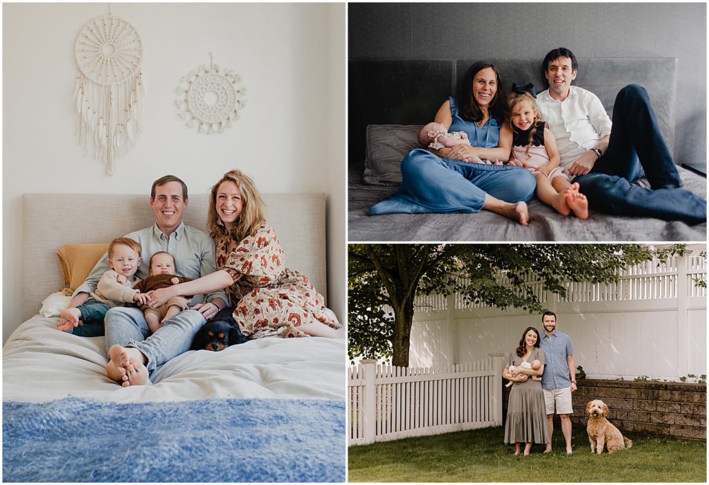 A group family photo where everyone looks nice and is smiling at the camera?? An absolute must-have at every photo shoot, and a newborn session is no exception. Here are three photos of three families all smiling and looking at the camera.