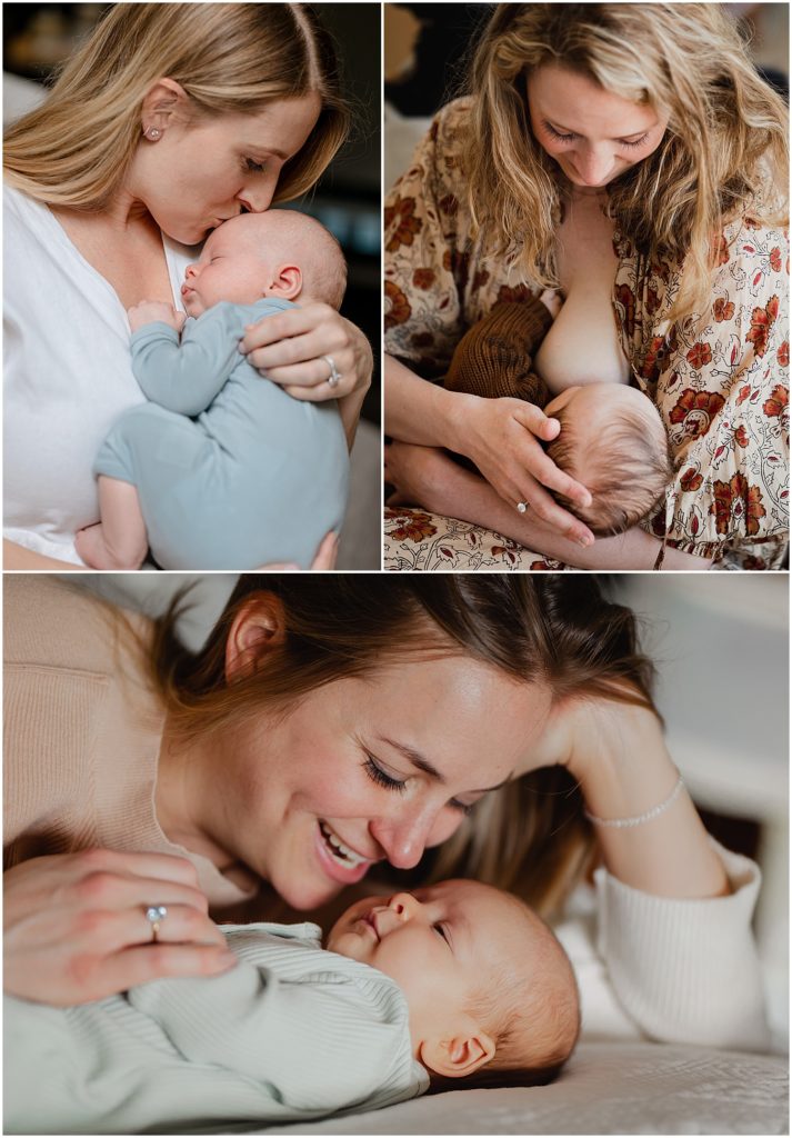 Three photos of mothers holding their newborn babies. Moms should always be in the photos at lifestyle newborn shoots!