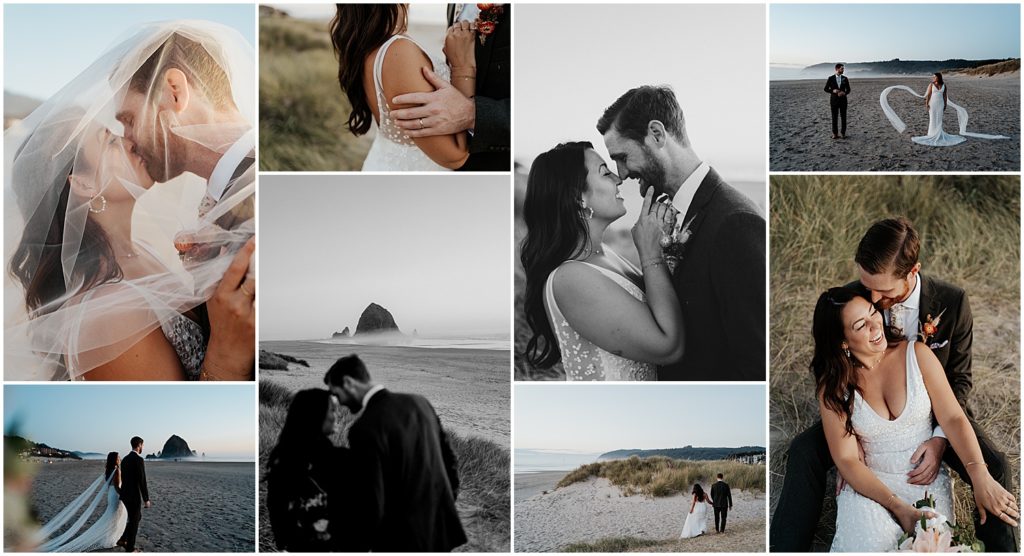 Photos from Sam and Andrew's couples session on Cannon Beach after the wedding.