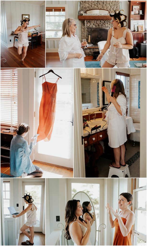 Getting ready, bridal version. Sam gets ready with her mom and sister in law in the master bedroom of a massive Airbnb. Photos include Sam wearing hair rollers and singing and drinking champagne, Mira steaming her dress, Linda curling her hair, and Sam FaceTiming her girlfriends for good luck.
