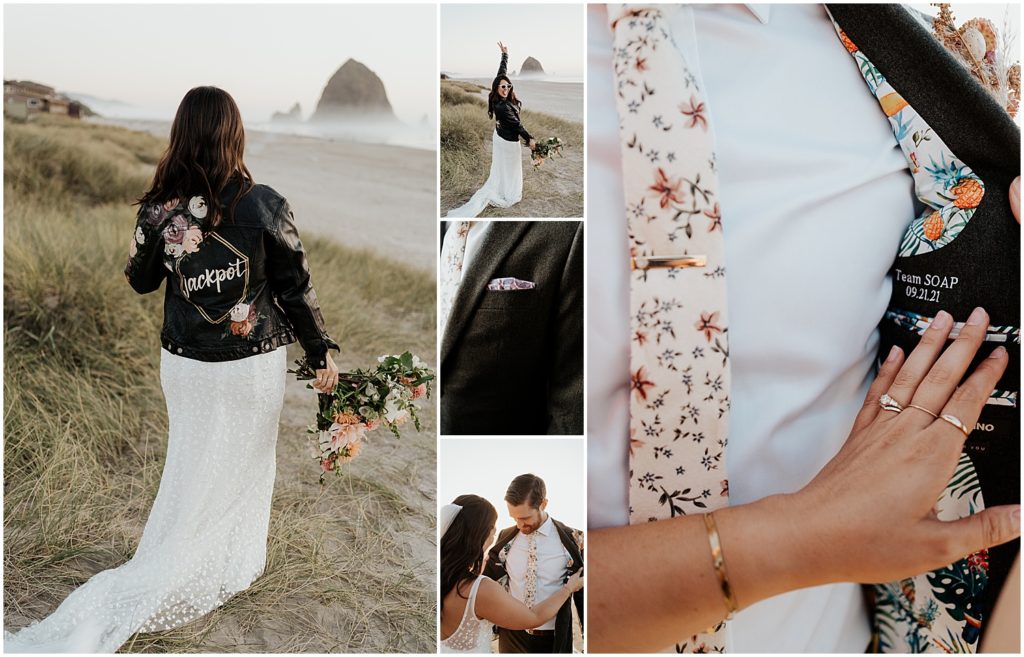 Special sentimental details in the clothing - Sam standing on a dune at Cannon Beach wearing her hand painted leather jacket, and the inside of Andrew's custom suit jacket. Hers reads "jackpot" in white script with flowers painted around it and his says "Team SOAP 9/21/21"