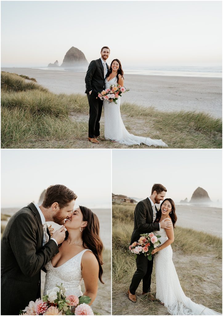 Bride and groom portraits at sunset in Cannon Beach with Haystack Rock in the background.
