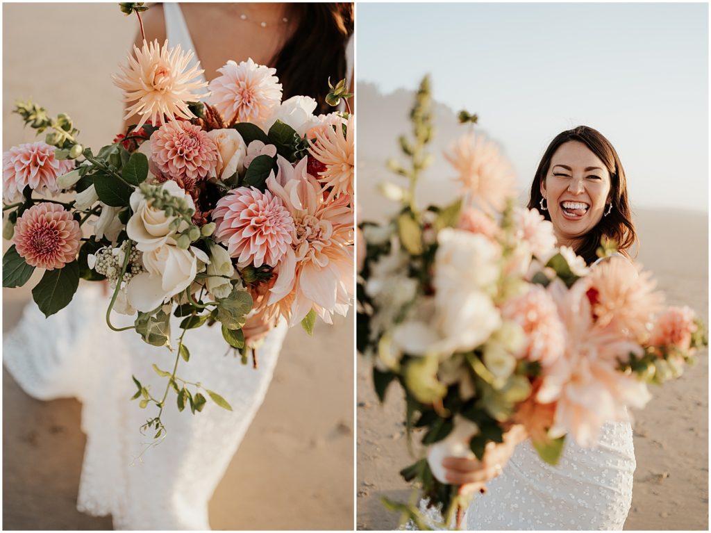 Details of the most gorgeous flowers designed by Coy and Co of Portland. They consist of pink and peach dahlias, roses, and hydrangeas, plus white lilies of the valley and greenery.