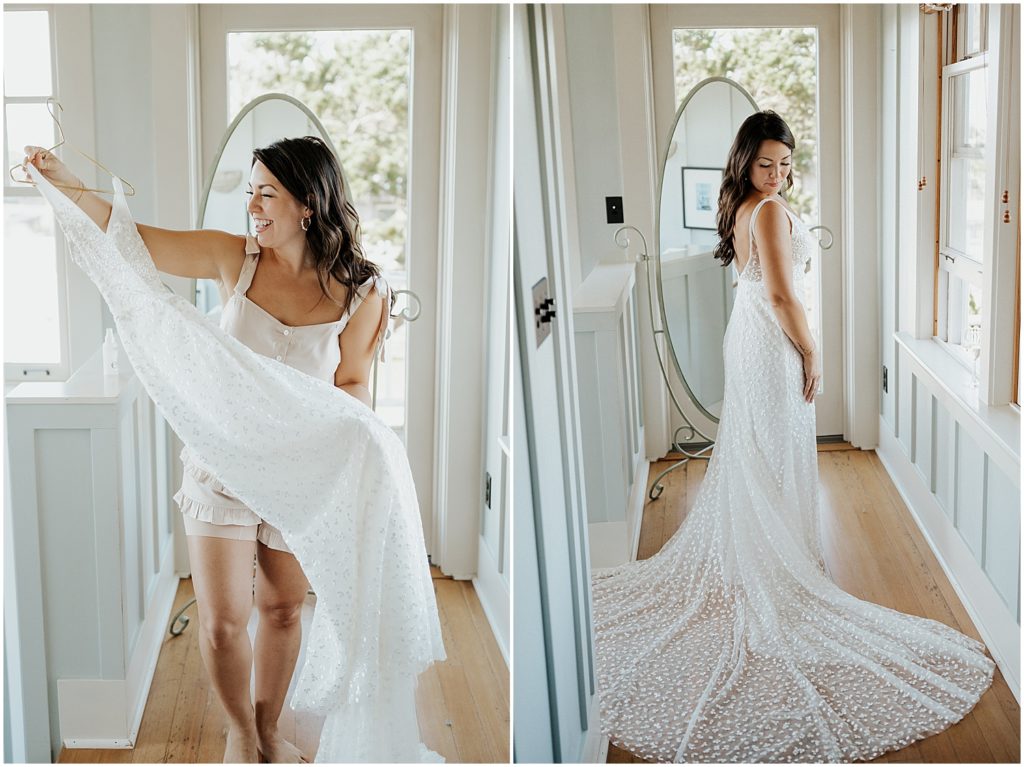 Sam holding up her white wedding dress from Made With Love, and then wearing it. The train is fanned out and has detailed clusters of texture on it.
